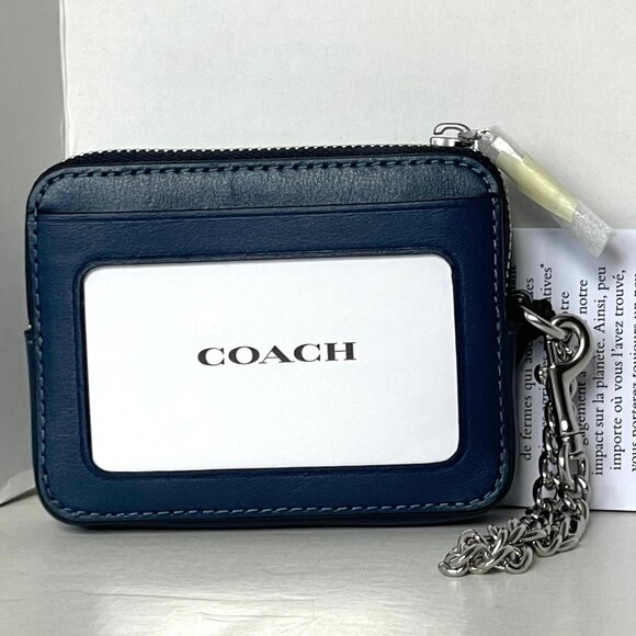 Coach CAR26 Quilted Zip Card Case Blue Denim Leather ID Wallet with Chain Strap - Picture 2 of 5